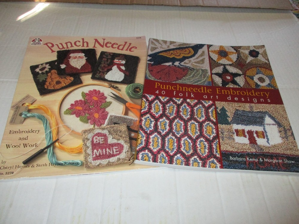 2 Punch Needle Pattern Books - Folk Art Embroidery & Wool Work in VGC