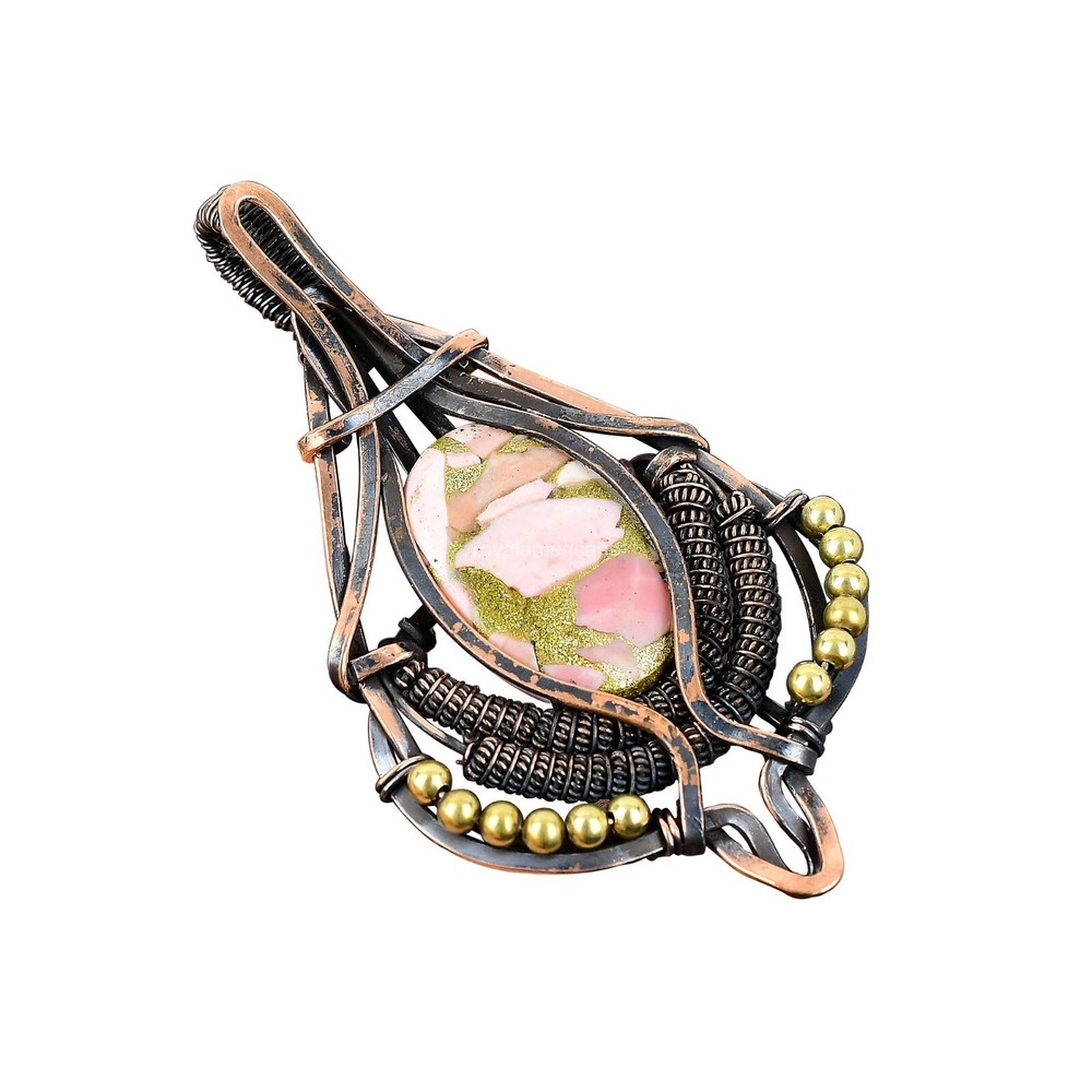 Mothers Day Sale Pink Opal Wire Wrap Pendant Copper Jewelry-image