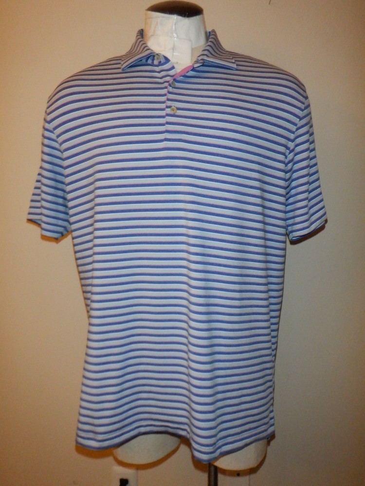 Men's PETER MILLAR SUMMER COMFORT Sz L Blue Striped Short Sleeved Polo Shirt