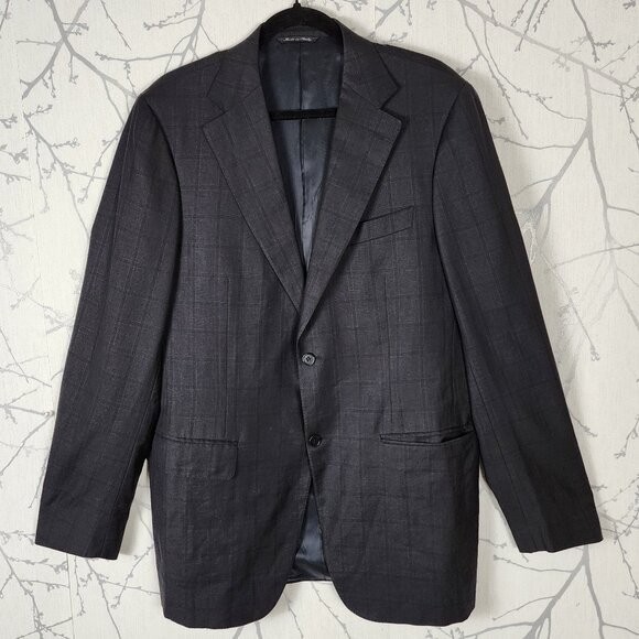 Canali Navy Checks Linen Wool Silk Blazer Sport Coat | Men's 44L