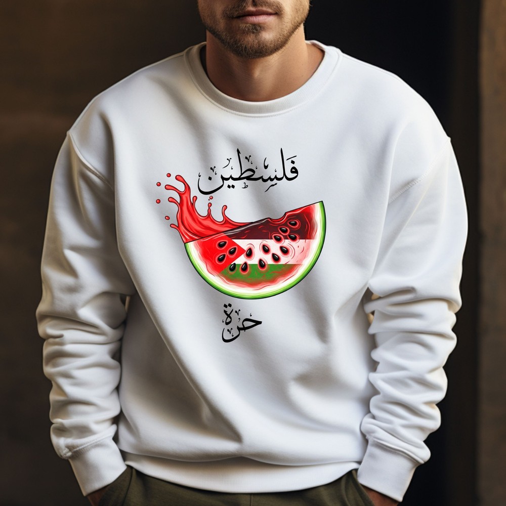 Palestine Map Funny Watermelon Sweatshirt Palestine Flag Arabic Calligraphy Top