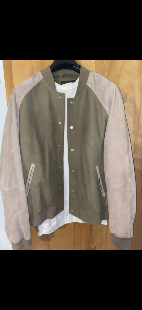 AllSaints XL Olive Tan Suede Leather Goat Varsity Bomber Jacket