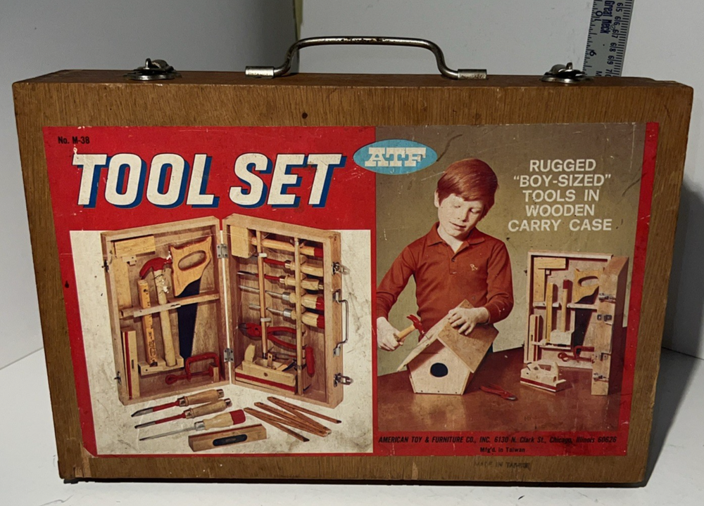Vintage American Toy & Furniture Co. Tool Set Wooden Case + Tools (no hammer)