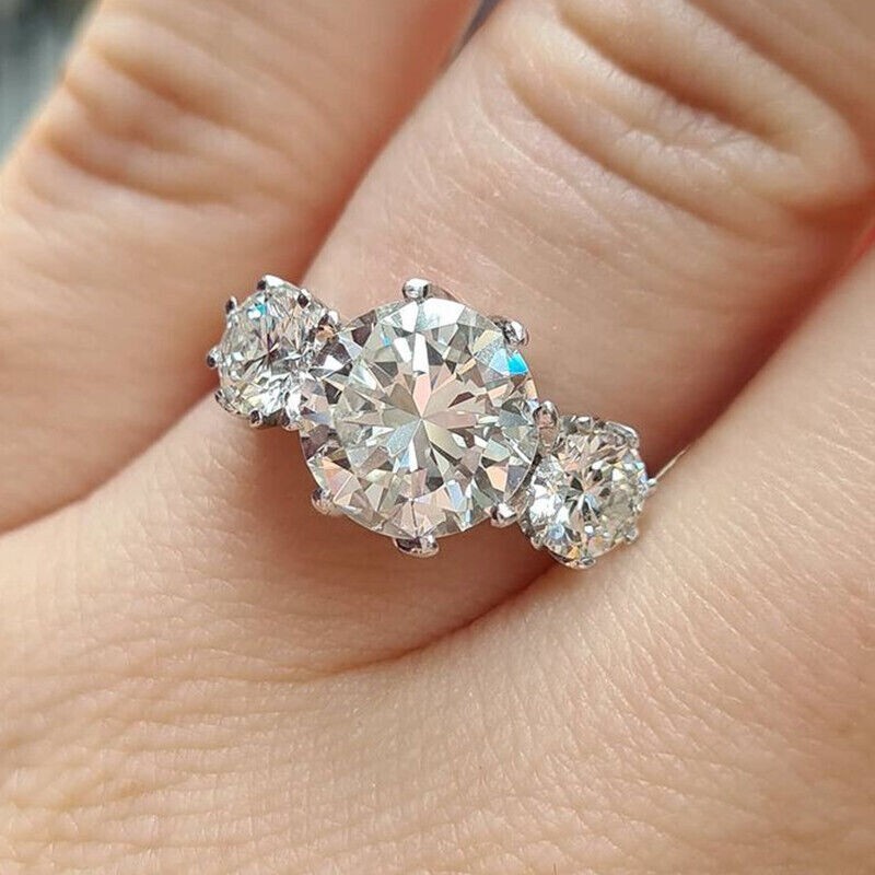 Round Cut Simulated Diamond Three Stone Wedding Band Ring 14k White Gold Plated