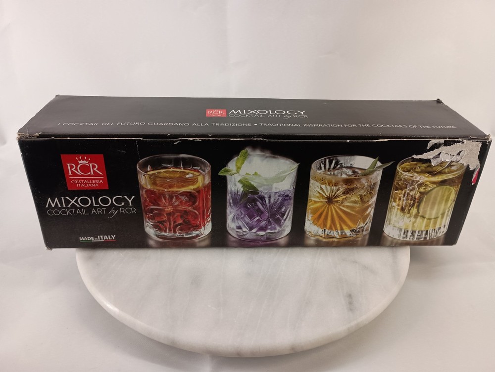 Set of 4 NIB RCR Crystal Mixology Cocktail Art Whiskey Glasses