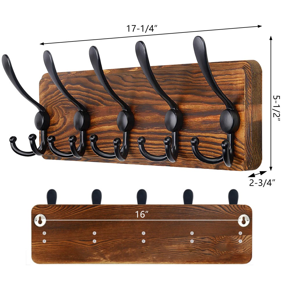 5 Hooks Brown Coat Rack Wall Mount Hat Rack Pine Wood Plank for Clothes Hats Key