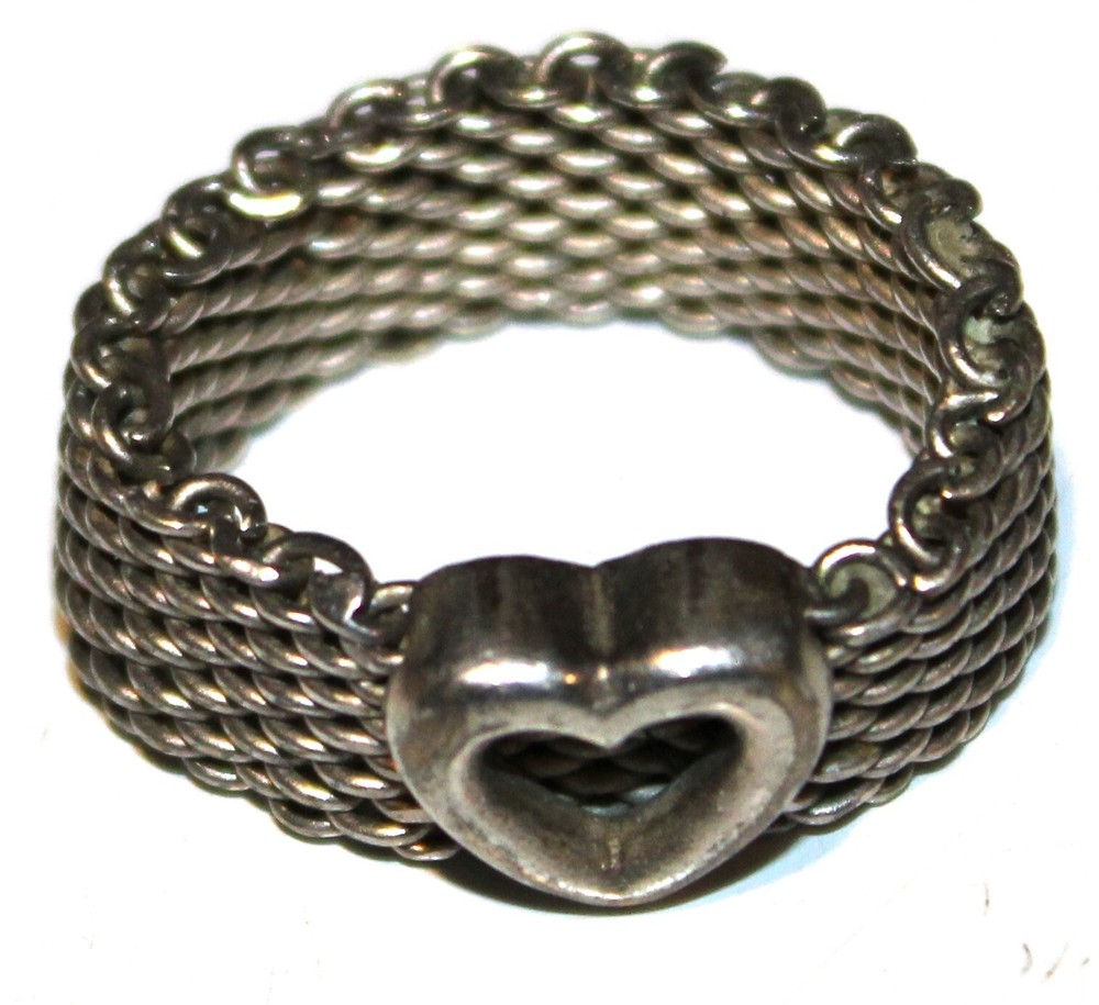 Lot#3 TIFFANY & CO 925 sterling silver signed size 7 mesh ring with heart