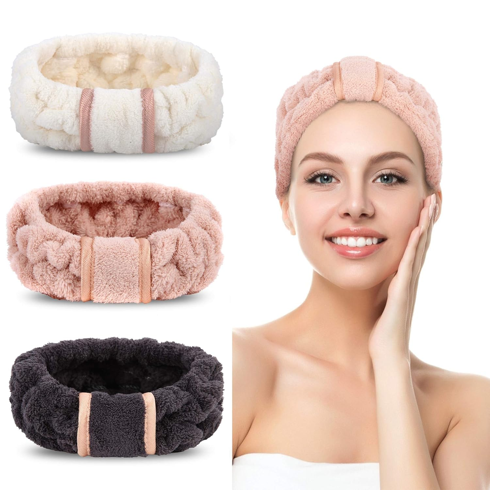3 Pack Soft Microfiber Spa Headbands for Skincare - White Pink Black