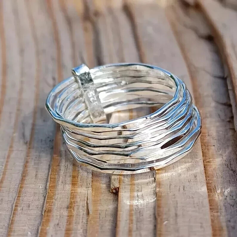 925 Sterling Silver Seven Band Statement Ring - Handmade Adjustable Size