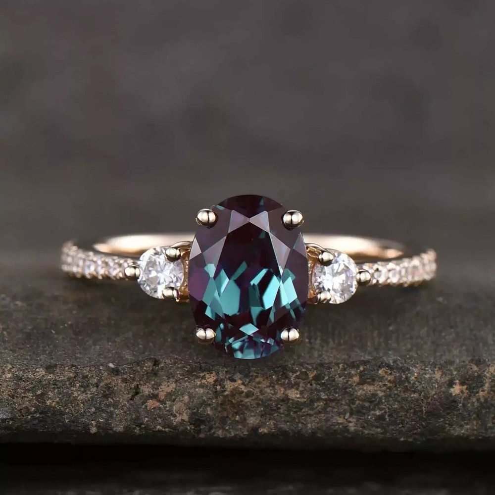 2Ct Oval Cut Alexandrite Three-Stone Engagement Ring Solid 14K Yellow Gold Over