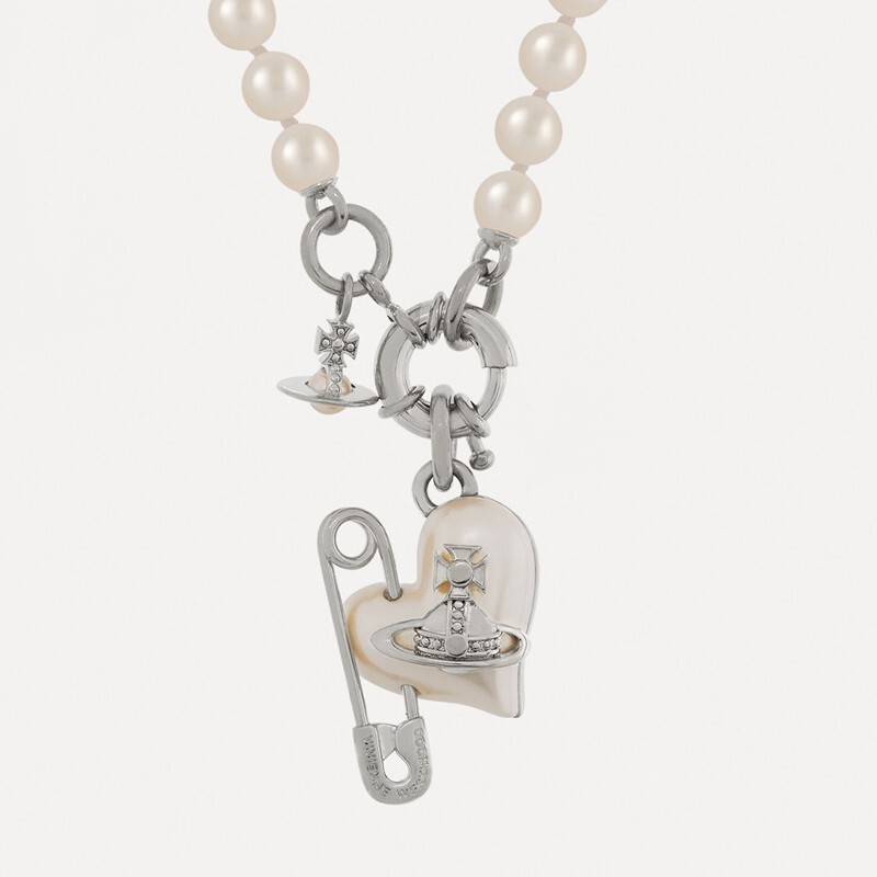 Vivienne Westwood Orietta Pearl Choker with Orb Heart & Safety Pin Detail #360