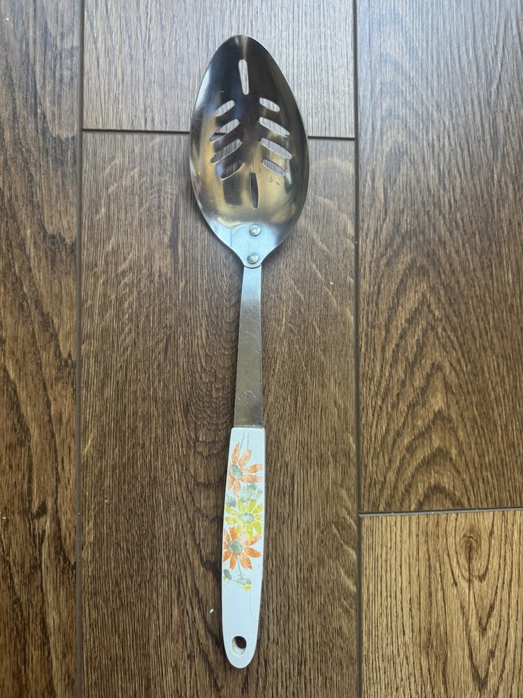 Vintage EKCO Country Garden Stainless Steel Slotted Spoon Utensil 12