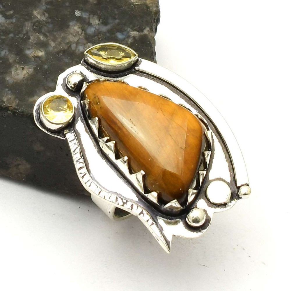 Tiger Eye Citrine Gemstone Ethnic Ring for Women Size 8 AR 85406