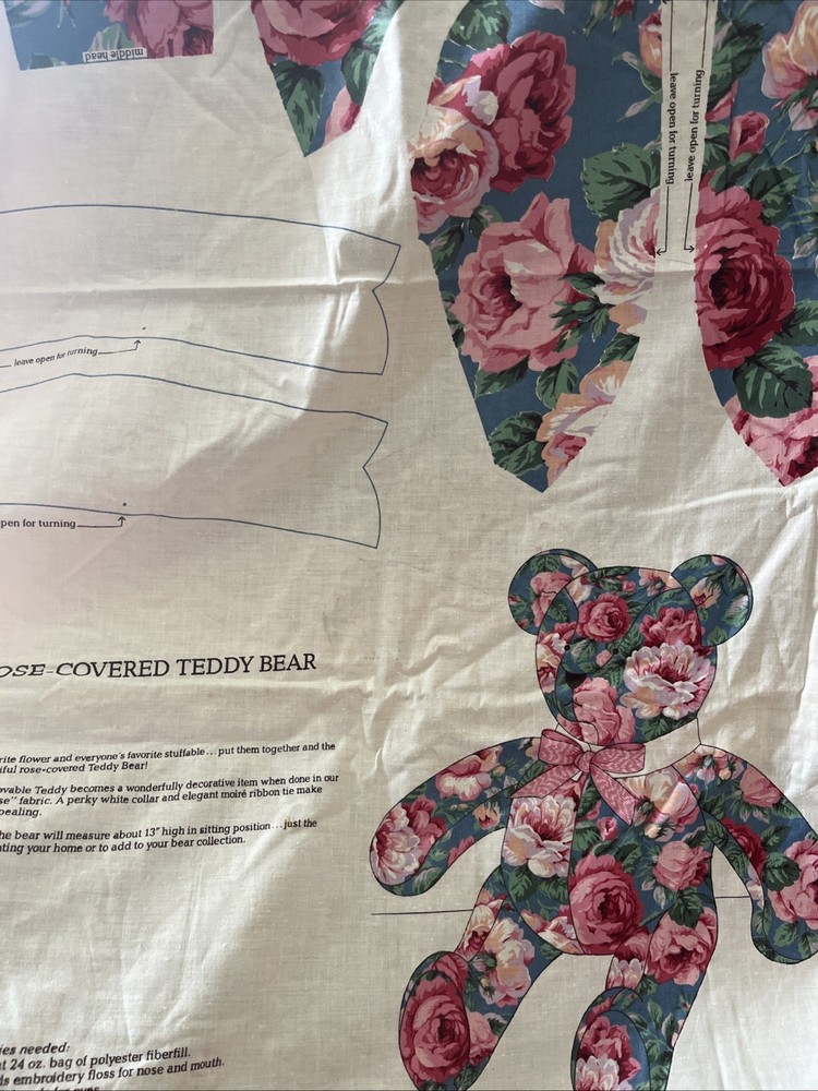 VTG VIP Cranston Rose Fabric Teddy Bear Blue Pink Cut N Sew Cottage Core