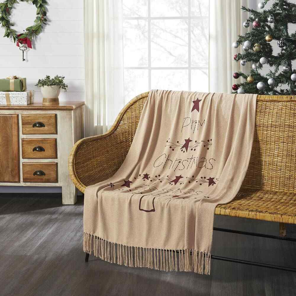 Gable Tan Burgundy Prim Christmas Blessings Woven Throw Blanket