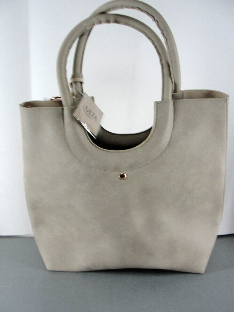 ULTA BEAUTY Faux Leather Stone Tote Handbag in Nude Beige Tan with Tassel