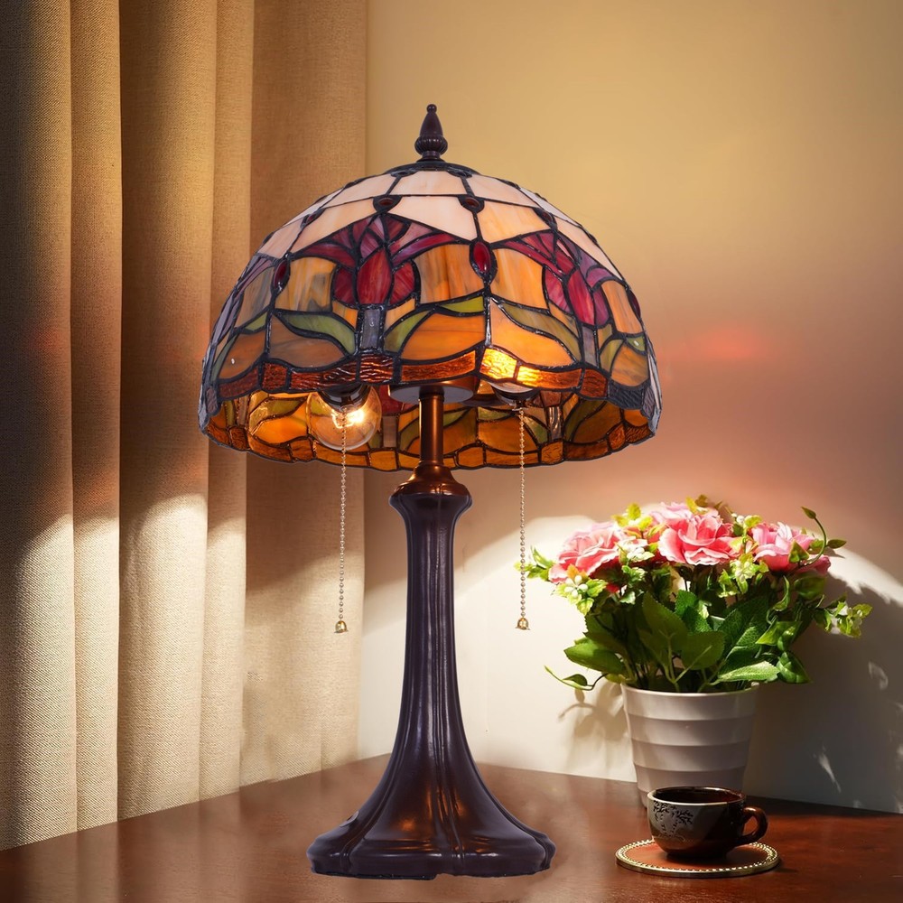 Tulip Pattern Table Lamp Tiffany 2-Lights Desk Light Home Office Study Light