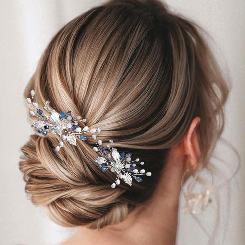 Flower Bride Wedding Hair Pins 2 PCS Silver Leaf Pearl Bridal Pieces Accessory