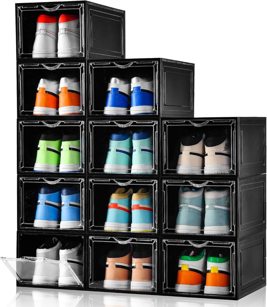 Upgraded Clear Stackable Shoe Storage Boxes 12 Pack Drop Front X-Large
