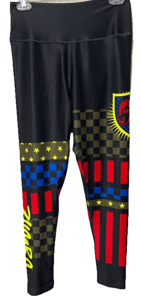 Zumba Wear High Waisted Ankle Leggings - Black ~ Flag ~  Workout Gym MED