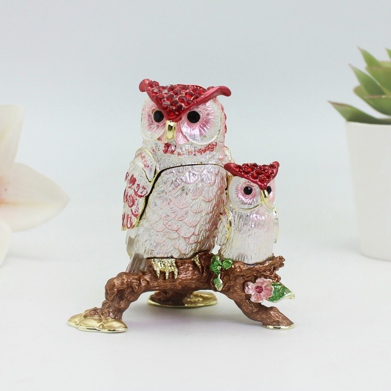 Enamel Mother & Baby Owl Decorative Box Graduation Gift, Collectible Trinket Box