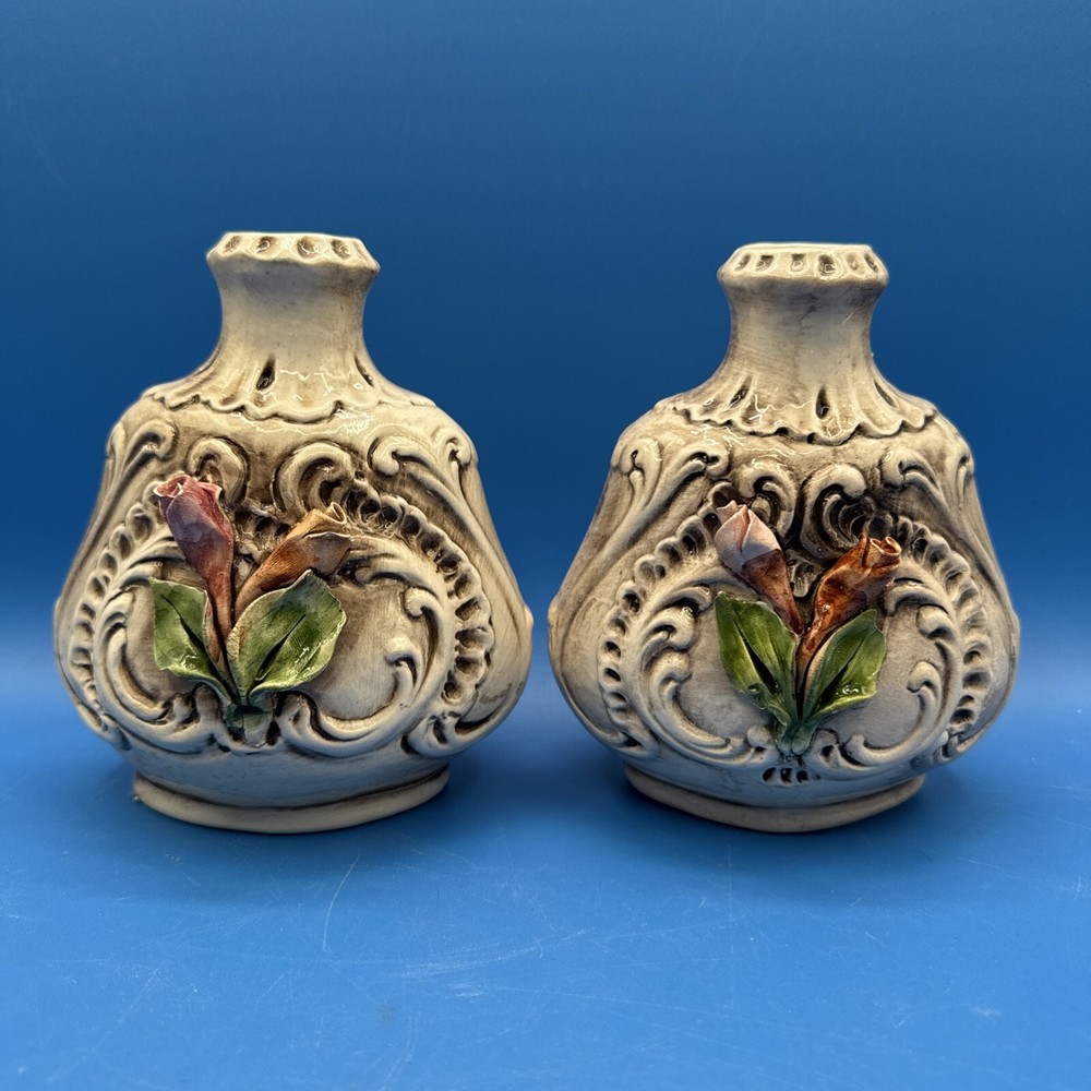 Stunning Capodimonte Italy Porcelain Floral Vintage Vase Set Of 2
