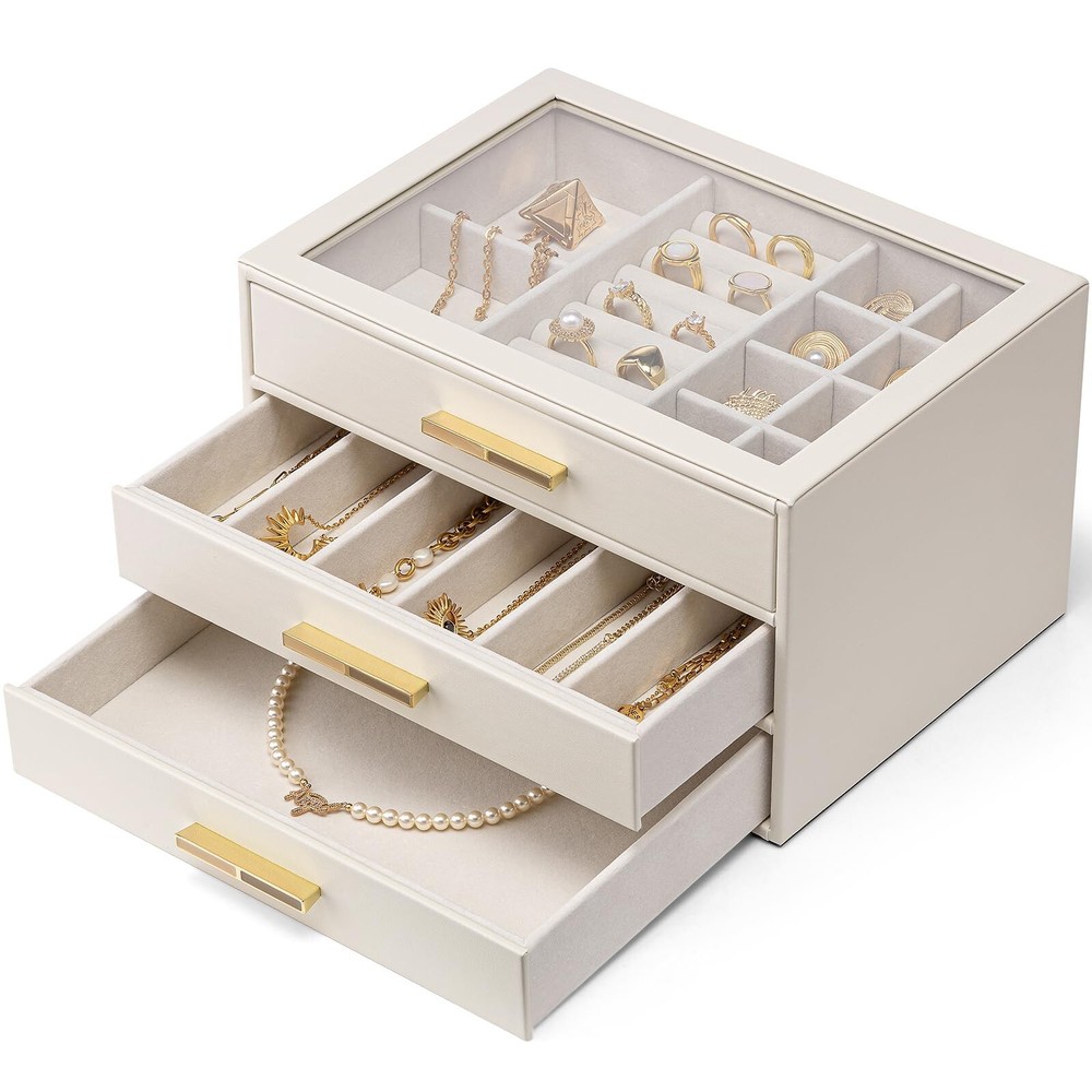 Vlando Jewelry Box for Women Girls,Jewelry Organzier,3 Drawers,Glass Lid Jewe...