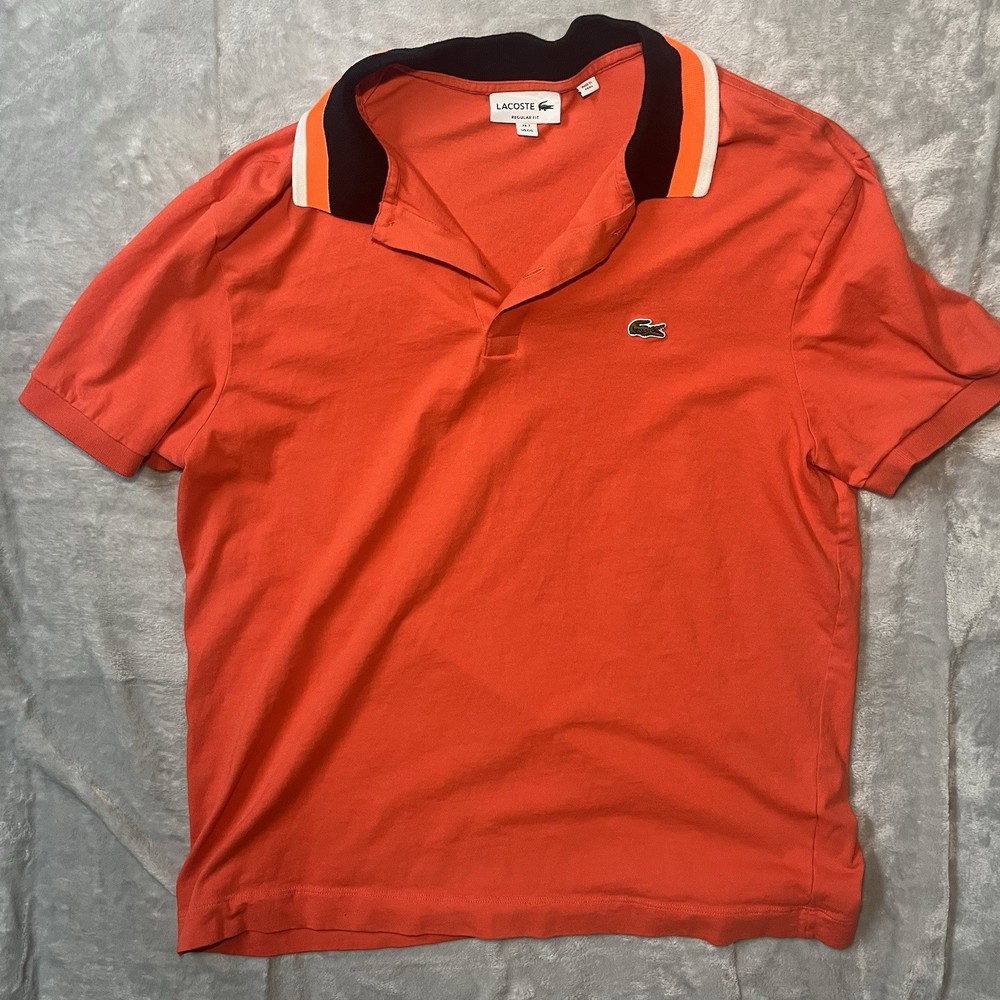 Lacoste Men's Contrast Neck Orange Cotton Polo Shirt Regular Fit Size XXL