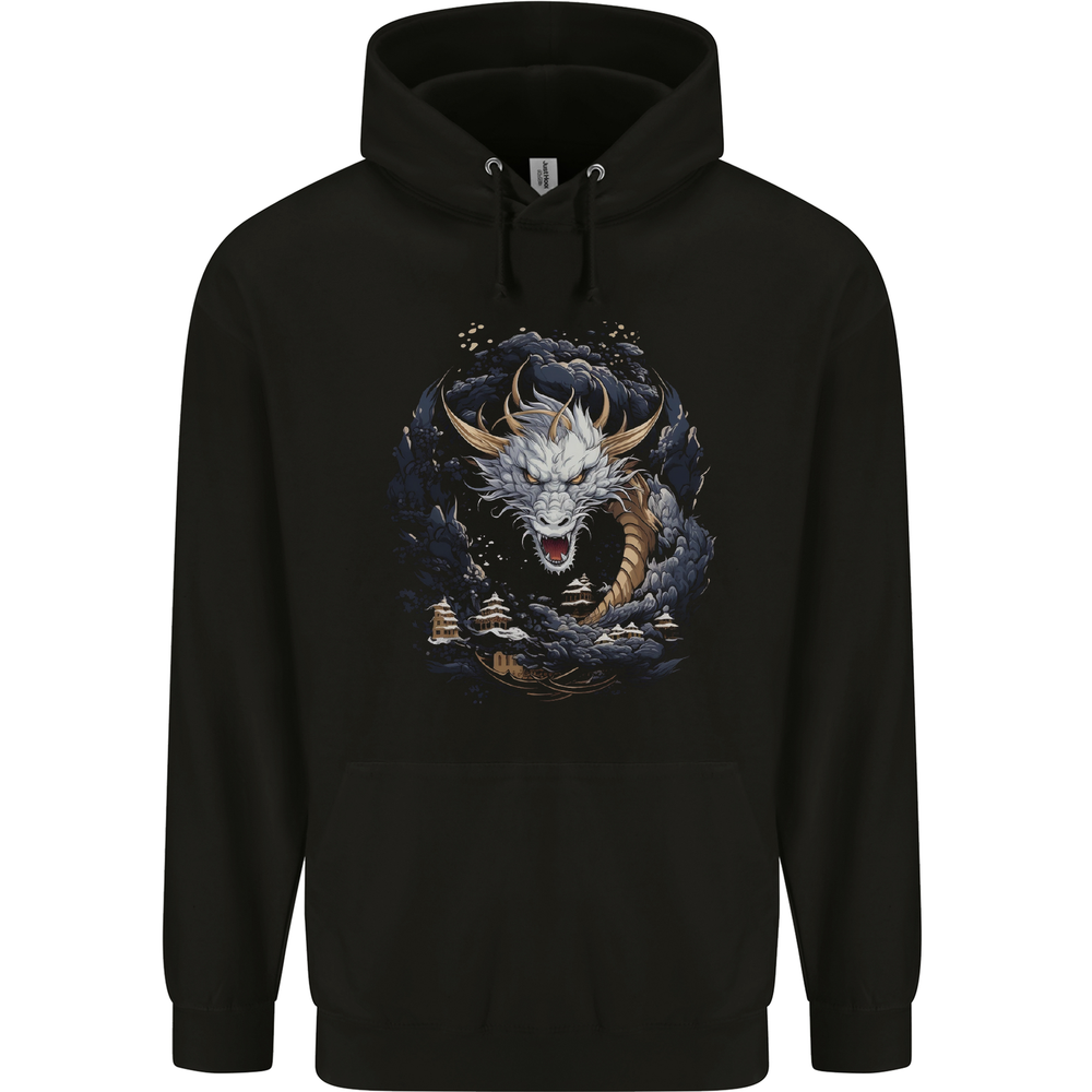 White Japanese Dragon Fantasy Mens 80% Cotton Hoodie