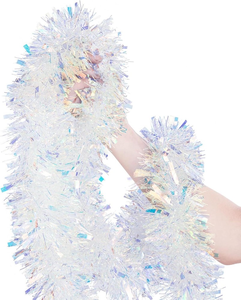 33FT Christmas Tinsel Garland Iridescent Metallic White, White