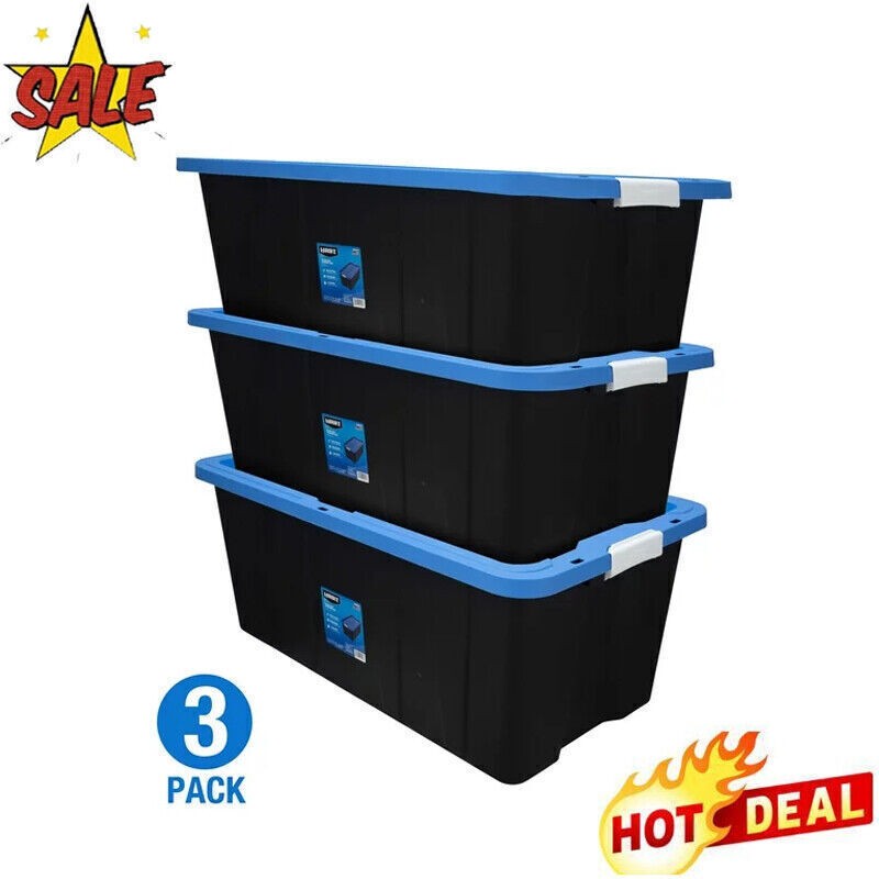 3-Pack 40-Gallon Stackable Latching Storage Bins with Blue Lids