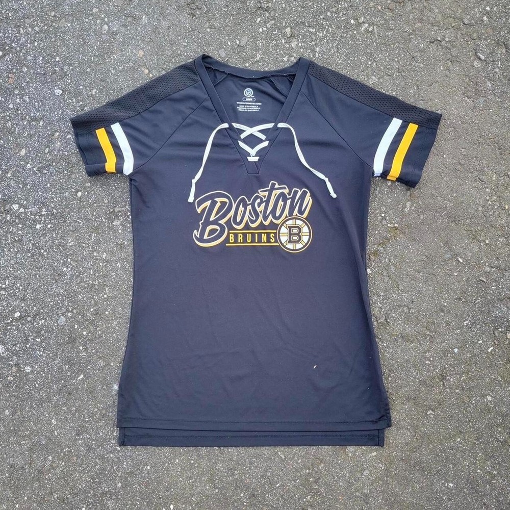 NHL Boston Bruins Women’s Black Lace Up Short Sleeve Jersey T Shirt
