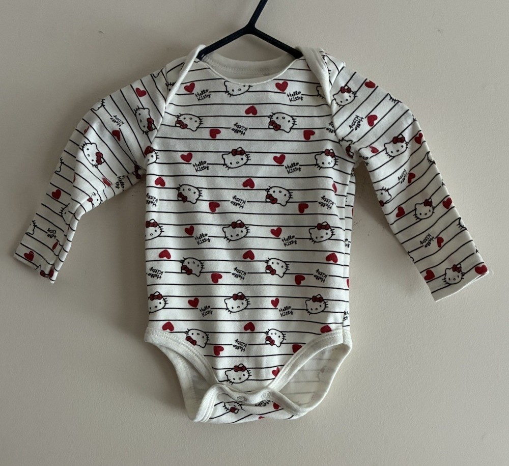 Sanrio Hello Kitty Baby Girls Heart Striped Cotton Long Sleeve Bodysuit White 6M