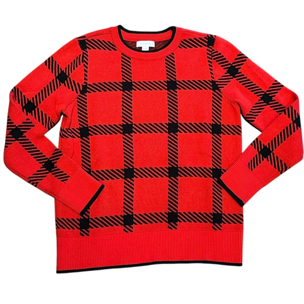 Charter Club Women’s Medium Red and Black Plaid Crewneck Sweater