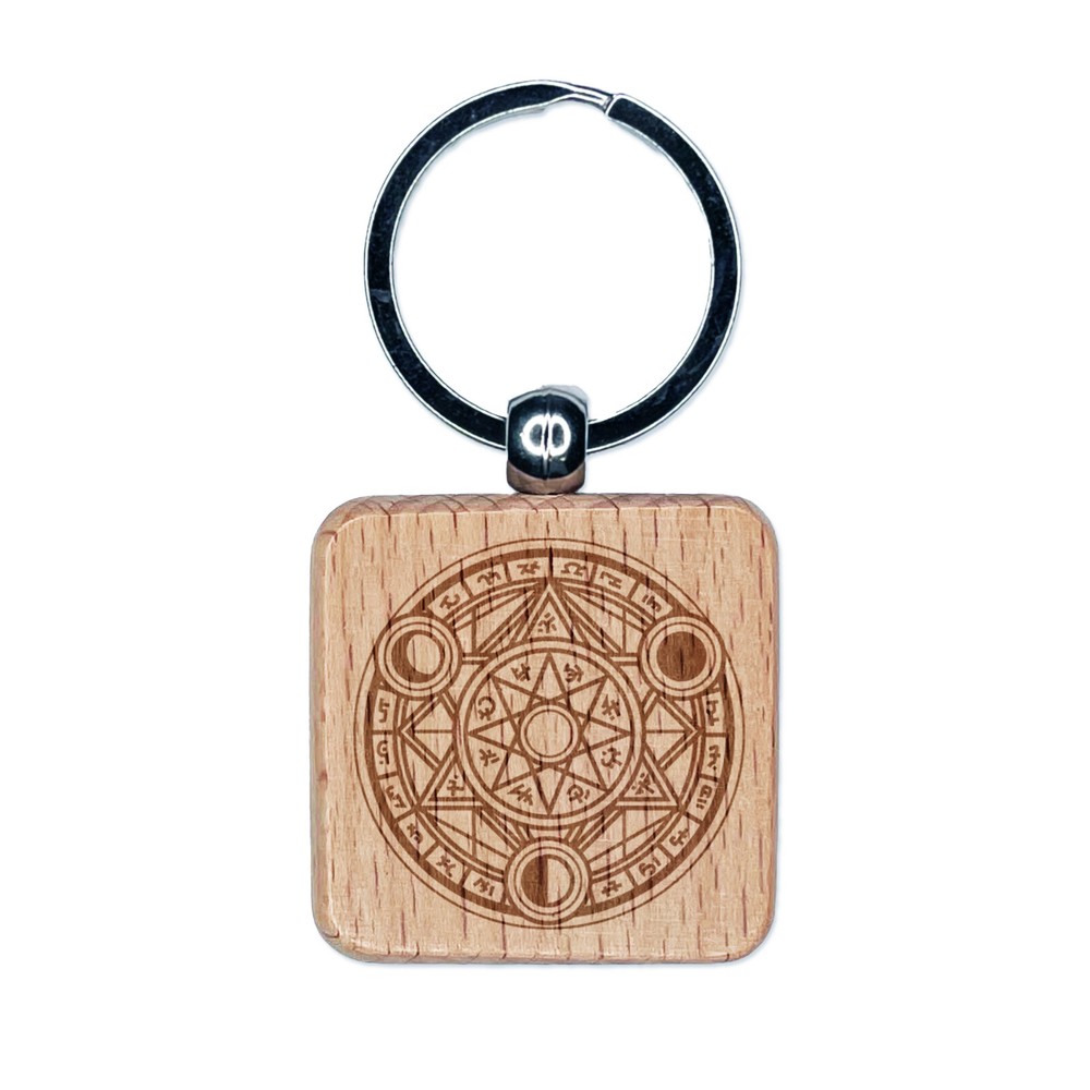 Magic Summoning Circle with Runes Engraved Wood Square Keychain Tag Charm