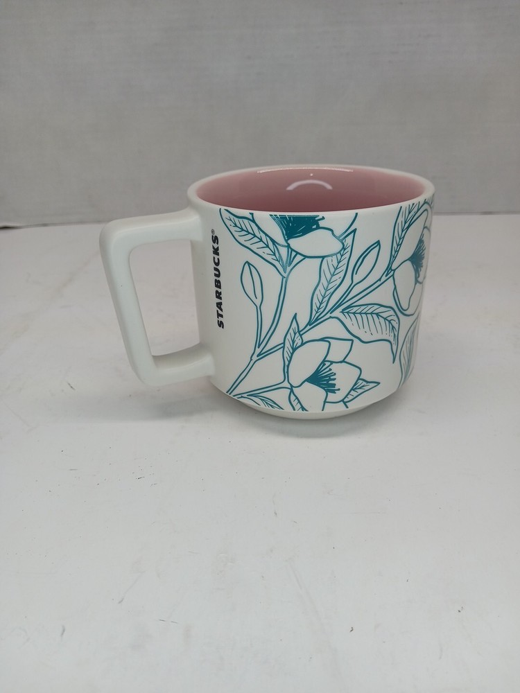 Starbucks 2019 Spring Floral Ceramic Mug 14oz Teal Pink Coffee Cup