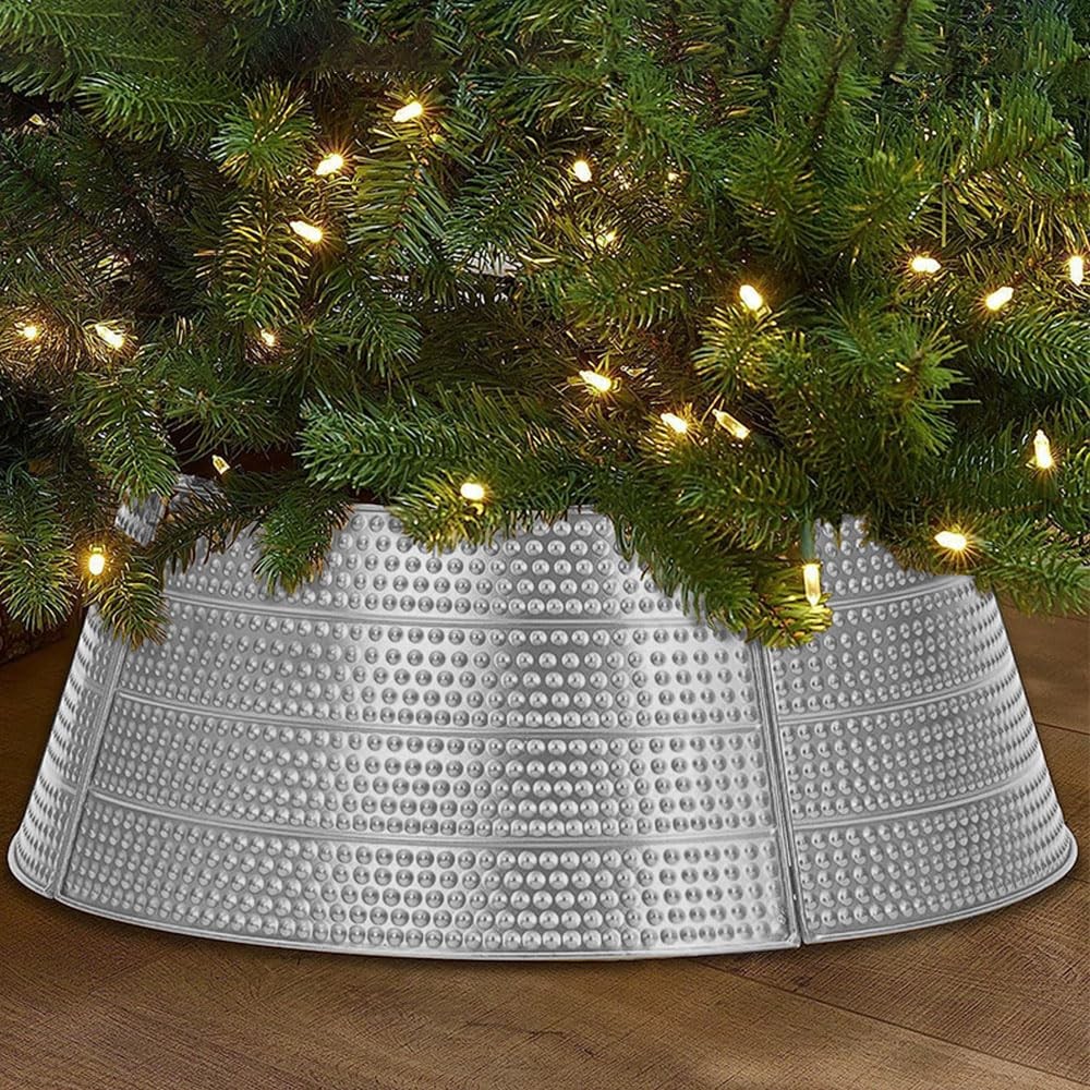 Silver Metal Christmas Tree Collar with 28-Inch Round Base for Holiday Decor