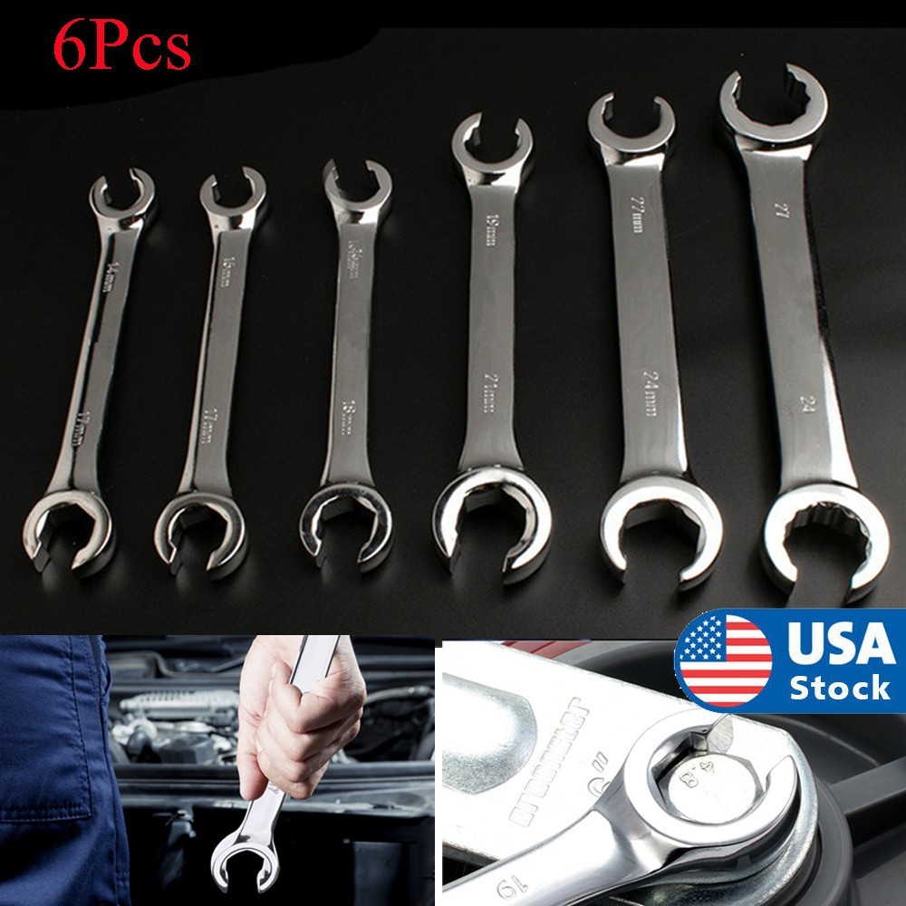 6Pcs Metric Line Pipe Flare Nut Spanner 6 Point 15° Offset Wrench Set 6mm - 19mm
