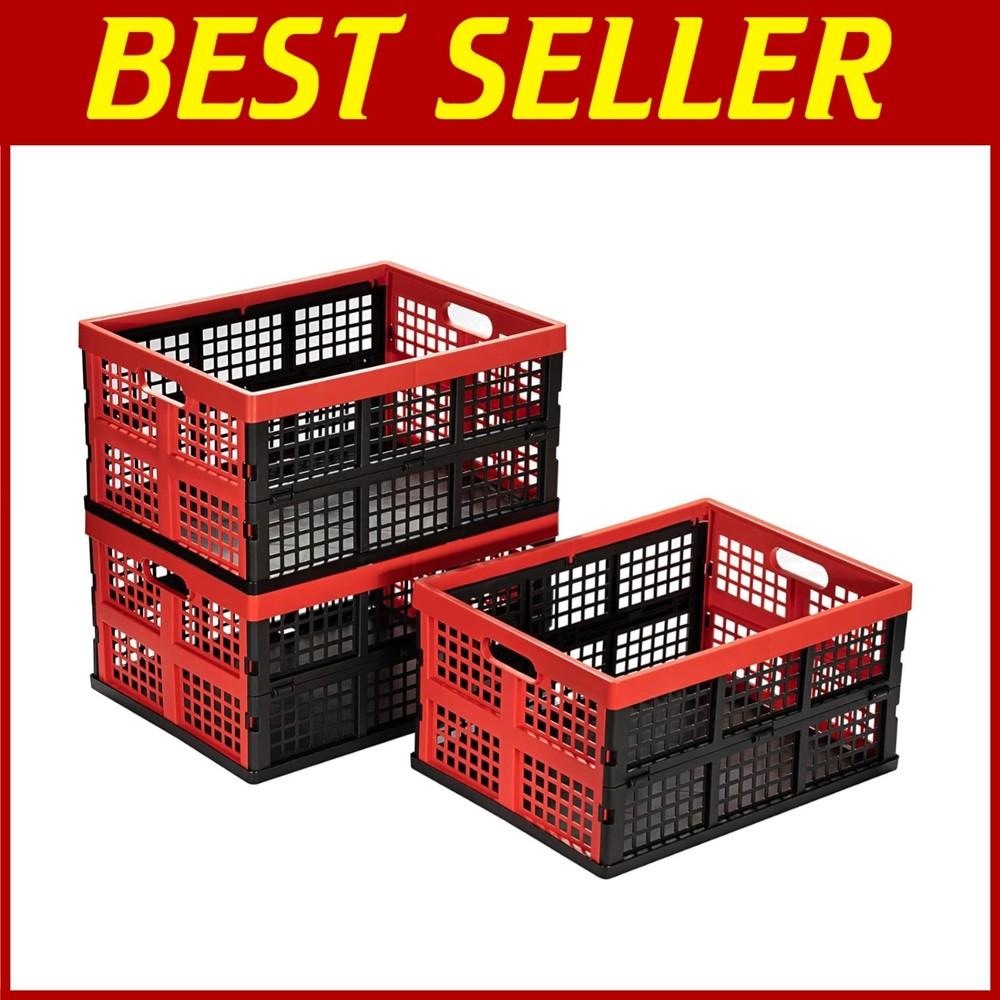 34L Collapsible Plastic Storage Crates - Pack of 3 Black & Red for Versatile Use