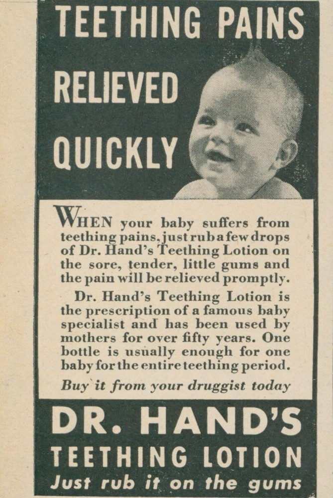 1945 Vintage Dr Hands Teething Lotion Ad Baby Pain Relief Fast L21