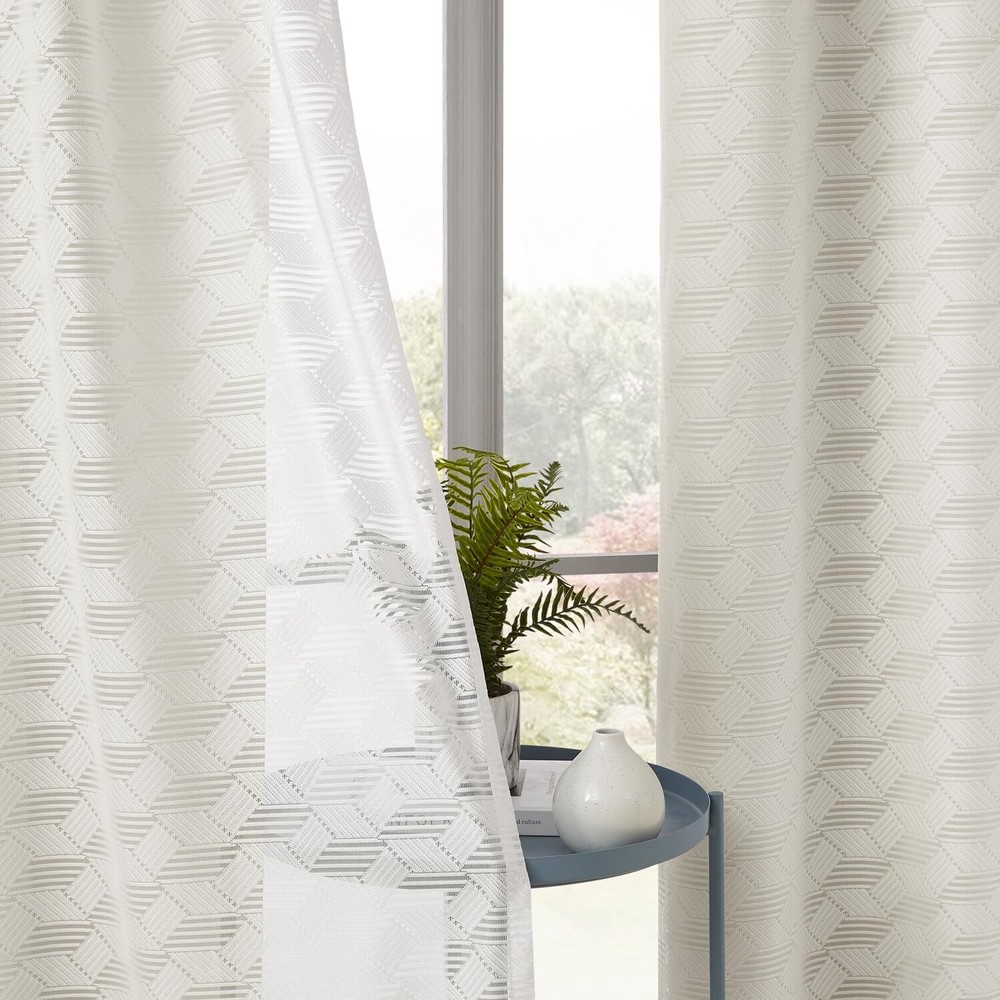 Beige Full Blackout Curtains + Geo Sheer Window Panels, Mix and Match Double ...