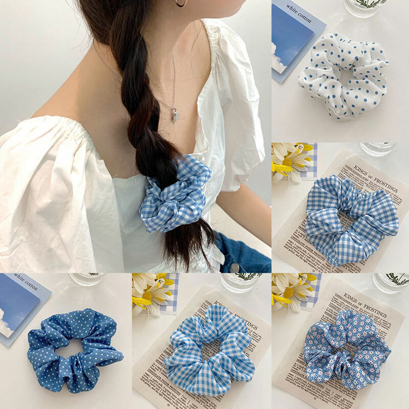 Blue Floral Scrunchies for Women Elastic Hair Ties Headband Accessories