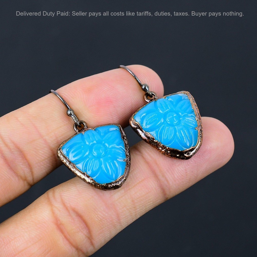 Christmas Sale Copper Carved Blue Onyx Stone Dangle Drop Electroformed Earrings-image