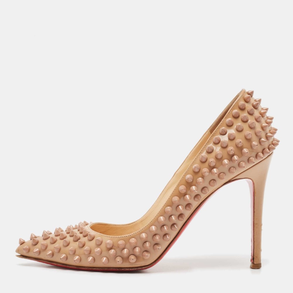 Christian Louboutin Beige Patent Leather Pigalle Spikes Pointed Toe Pumps Size