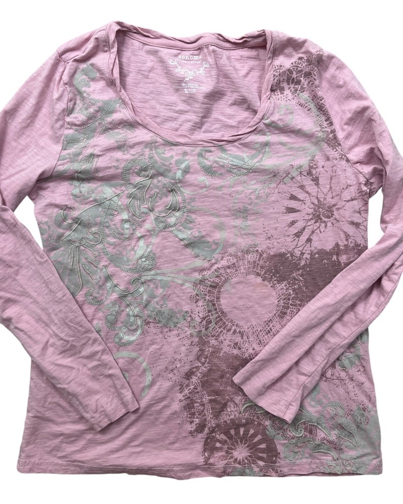 Cyber Y2K Boho Grunge Embroidered Long Sleeve Top in Pink - Women's Large-image