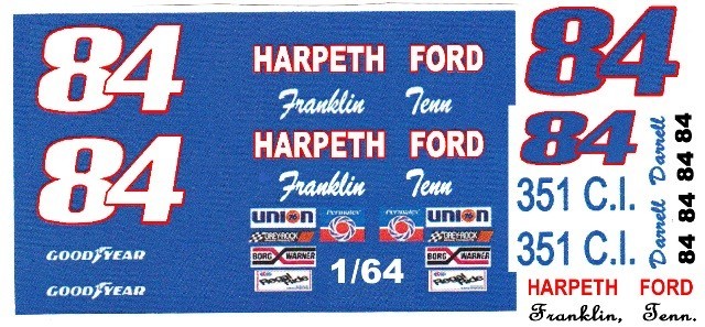 #84 Darrell Waltrip Harpeth Ford 1/64th Scale Slot Car Waterslide Nascar Decals