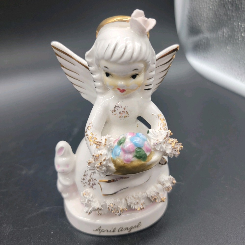 Vintage Napco April Angel Figurine A1364 Spaghetti Trim Japan Easter Bunny