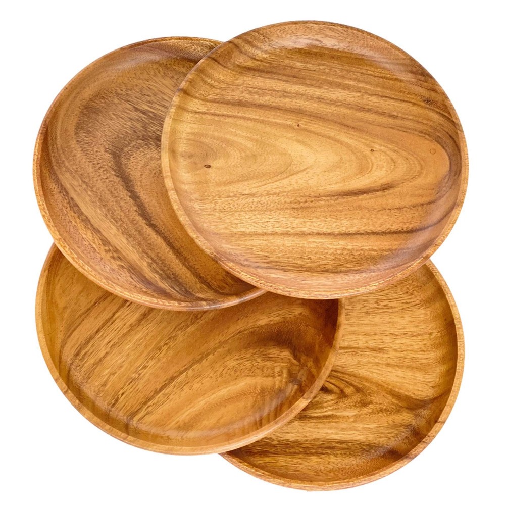 Acacia Wooden Plates – Set of 4, 10” Round Dinner Plates, Rustic Handcrafted ...