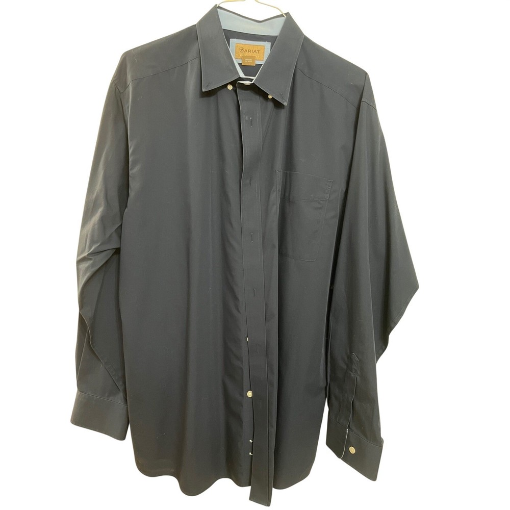 ARIAT Mens Wrinkle Free Long Sleeve Button Down Shirt XL Tall Navy Blue  Dress