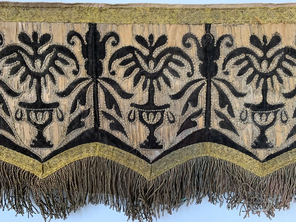 Antique Portuguese 18th Century brocade applique metallic embroidery valance
